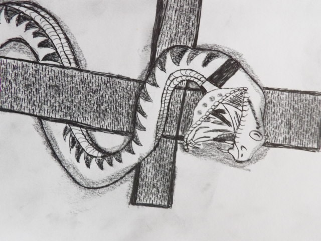 drawing of snake wrapped around a cross