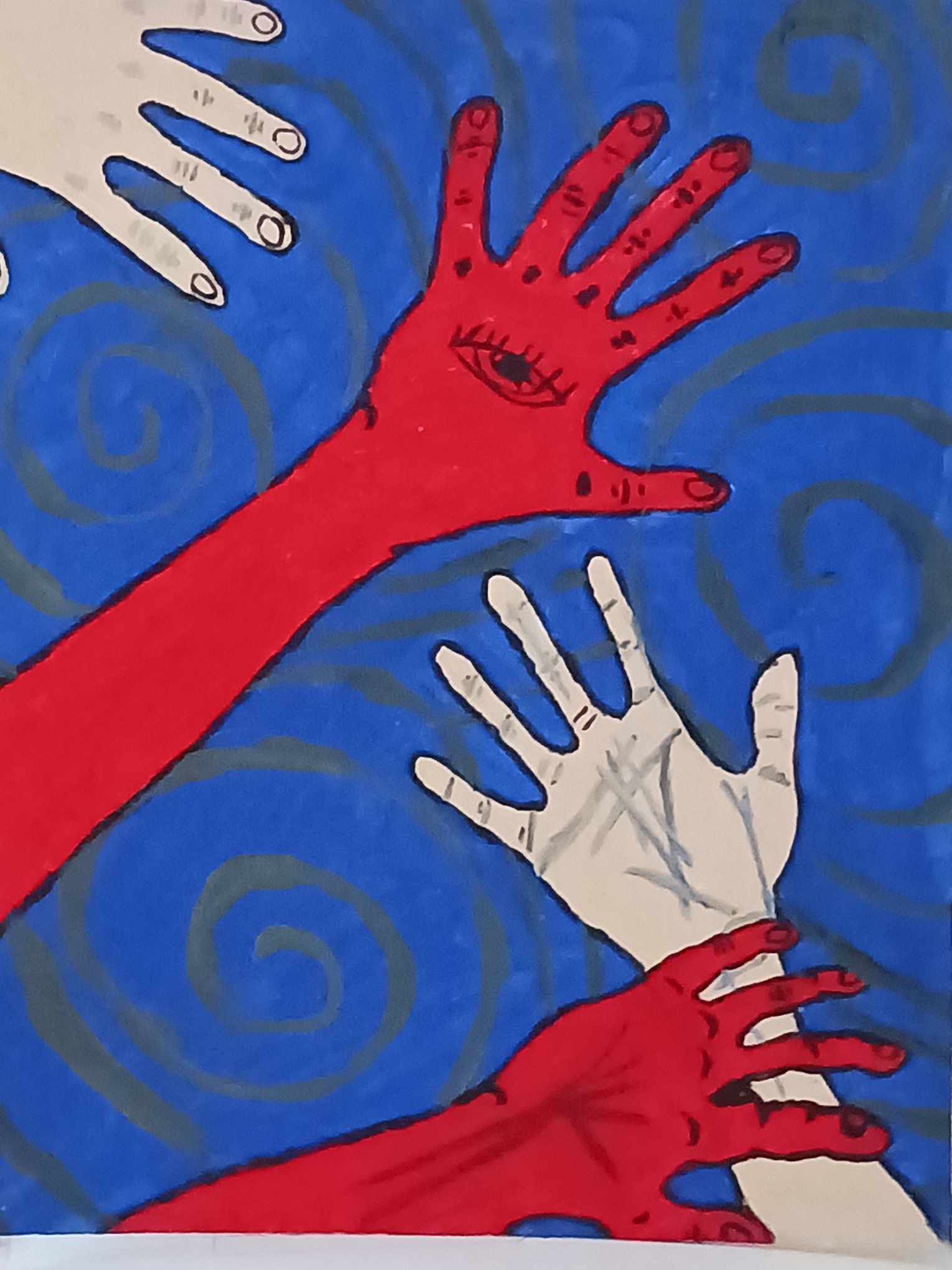 painting of several red and white hands