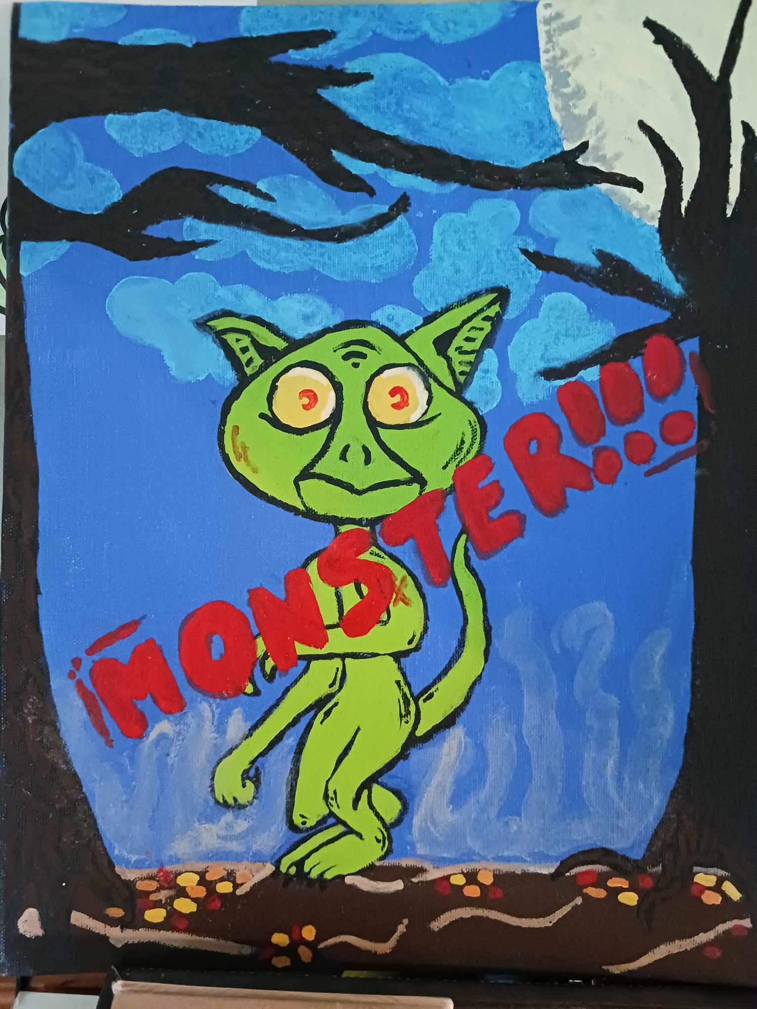 a painting of as monster, branded with the word monster