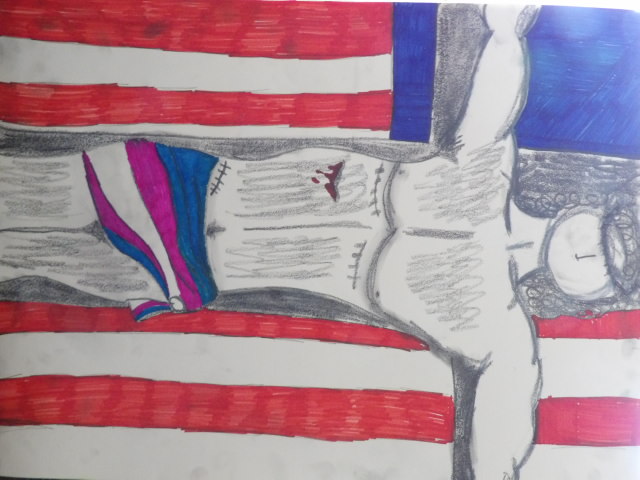 drawing of a transgender man crucified in front of an american flag